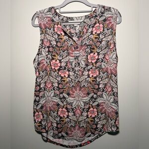 Loft Floral Sleeveless Blouse- Black and Pink Flowers Flowy Office Wear Size S